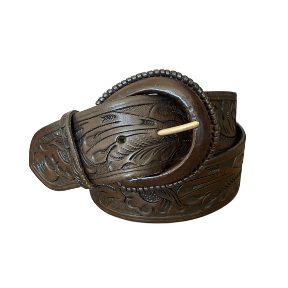 Ralph Lauren Chocolate Brown Embossed Leather Belt size large Western Boho - Picture 1 of 9